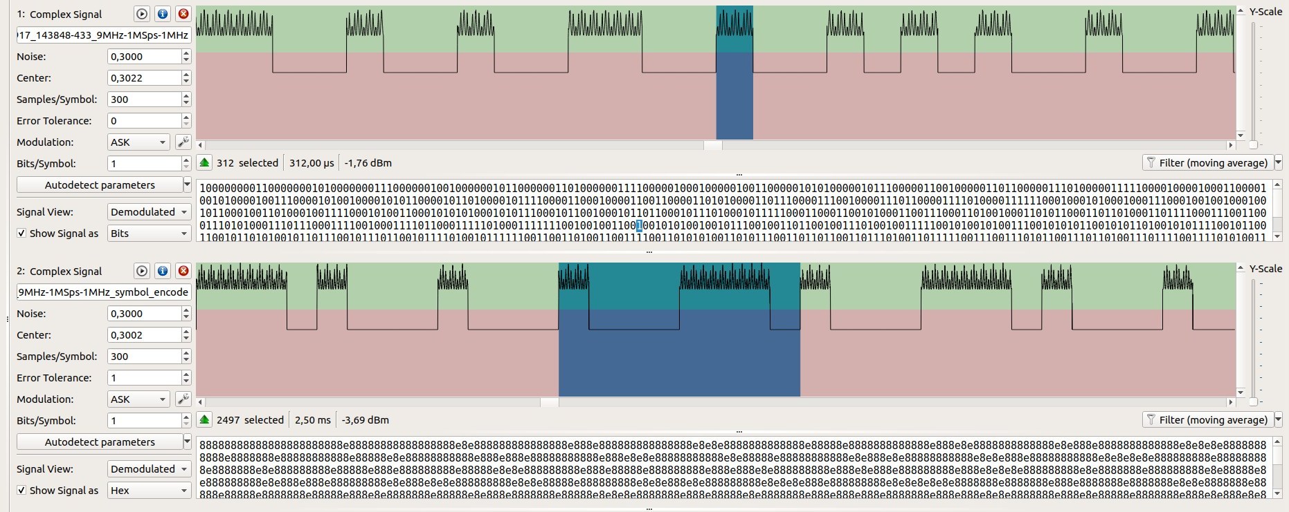 Duration of De Bruijn symbol. Bit encoding (top) vs symbol encoding (bottom)