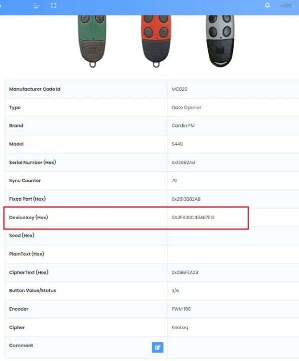 Display the KeeLoq device key of decrypted remotes PandwaRF
